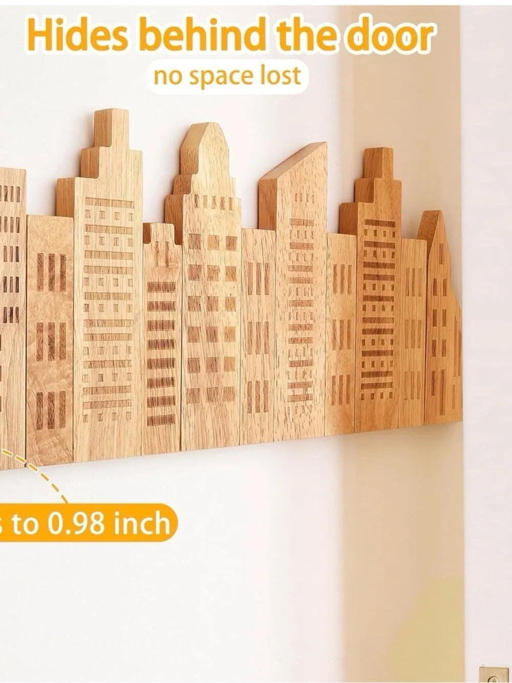Wooden Cityscape Wall Hook Rack in Natural Wood